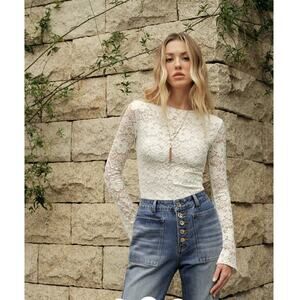 NWT Commense Semi-Sheer Floral Lace Long-Sleeve Top Sz L